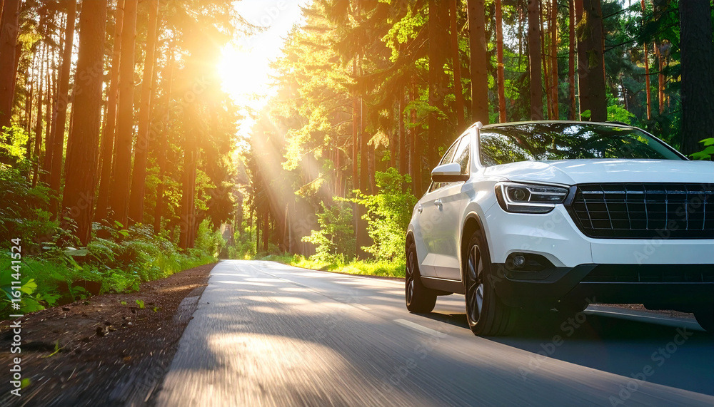 Fototapeta premium Modern White SUV Driving on a Forest Road with Sunlight Streaming Through the Trees, Capturing the Harmony of Technology and Nature in Motion