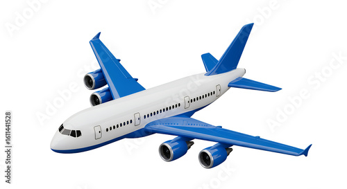 Blue and white commercial airplane icon flying rightward in 3D style