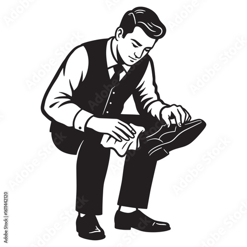 A man polishing dress shoes depicted in classic black and white retro illustration