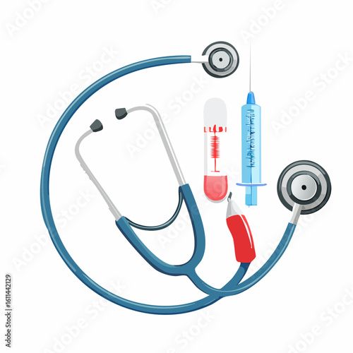 Vector illustration of medical diagnostic tools including a stethoscope, syringe, vial, and thermometer on a white background.