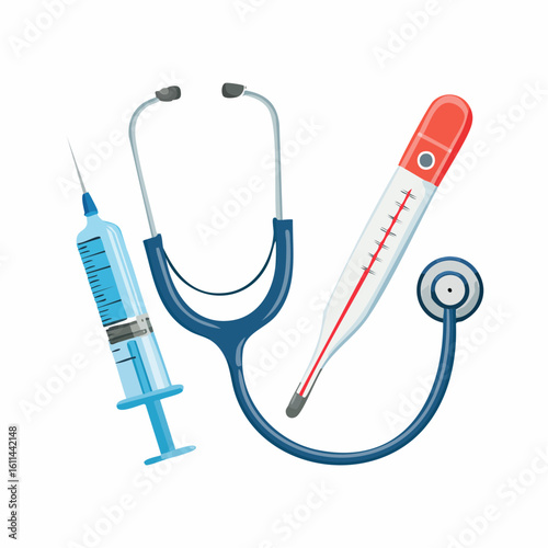 Vector illustration of essential medical tools including a stethoscope, syringe, and thermometer isolated on a white background