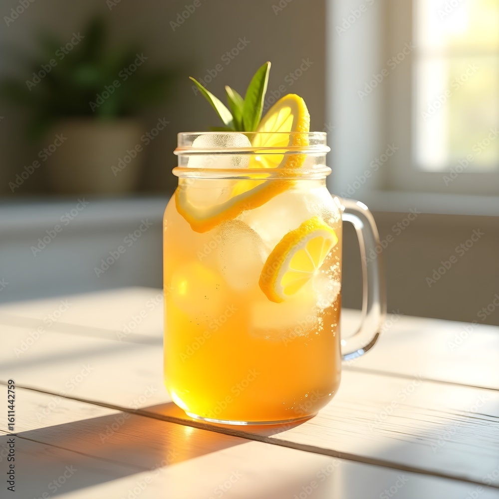 Fototapeta premium Iced Lemon Tea in Mason Jar with Lemon Slices