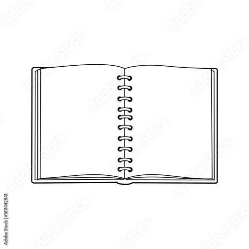 Open spiral bound notebook blank pages simple line art drawing  illustration vector graphic