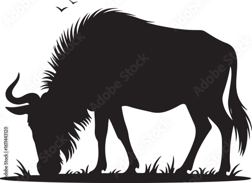 Wildebeest Vector Illustration Grazing in the Grassland Silhouette