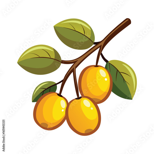 Ripe Yellow Plums on Branch with Leaves