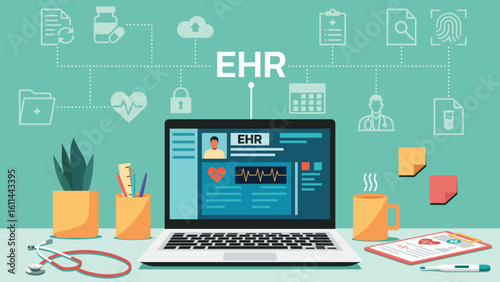 Electronic health record displayed on laptop screen with medical equipment in a clinical workspace environment and icon, vector flat illustration