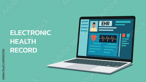 Electronic health record displayed on laptop screen in angle position, vector flat illustration