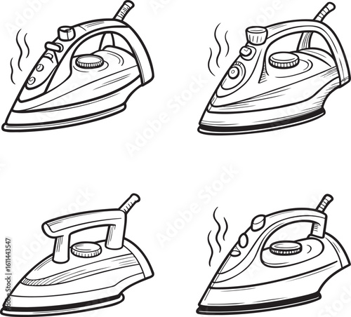 Hand drawn style Steam iron silhouette set isolated on transparent background