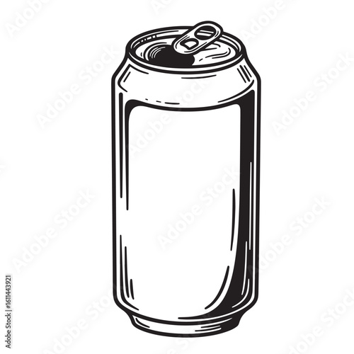 Hand drawn black and white illustration of an opened aluminum beverage can with a blank label