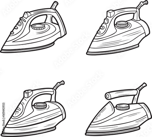 Hand drawn style Steam iron silhouette set isolated on transparent background