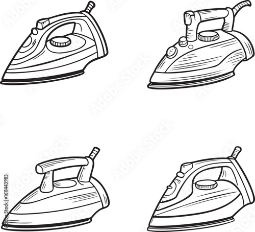 Hand drawn style Steam iron silhouette set isolated on transparent background