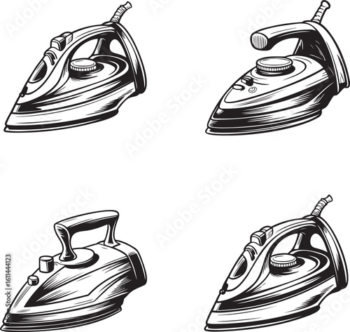Hand drawn style Steam iron silhouette set isolated on transparent background
