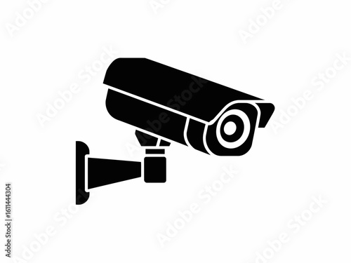 Black silhouette of a security camera mounted on a wall isolated on white background silhouette