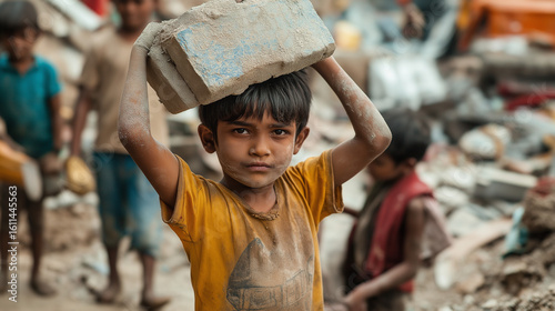 Child laborers working tirelessly in construction sites. Children lifting and carrying construction equipment.