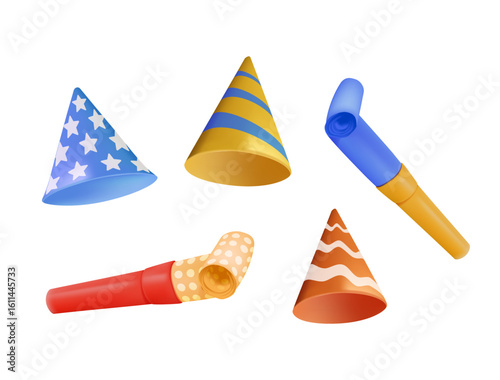 Birthday cones and blowers 3D render vector illustration. Party cone for celebrating, decorative hats for children and adults. Whistles, paper sound toys, neoteric vector collection
