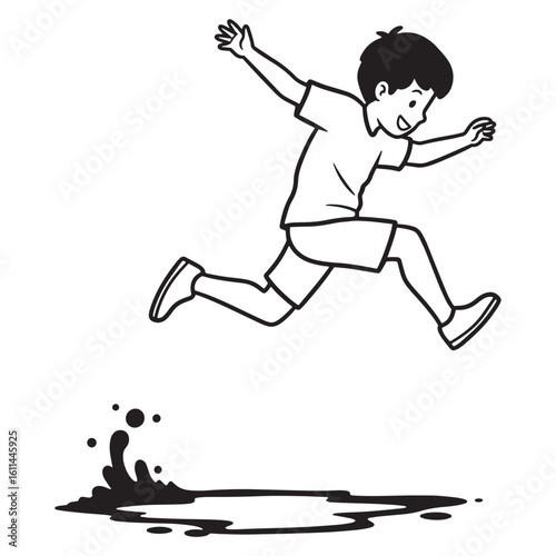 Cheerful boy jumping over muddy puddle outline illustration depicting joy and playfulness