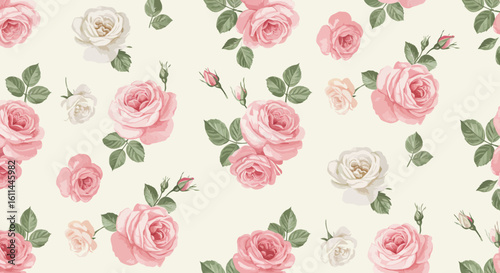 Wallpaper Mural Elegant floral pattern featuring pastel pink and white roses with green leaves Torontodigital.ca