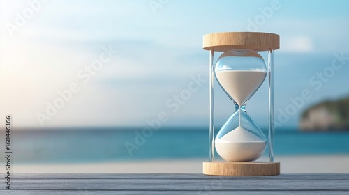 A wooden hourglass with white sand sits on a wooden surface against a blurred blue sky and distant landscape.