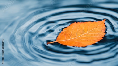 An orange autumn leaf floats gently on the surface of rippling water, creating peaceful circular waves.