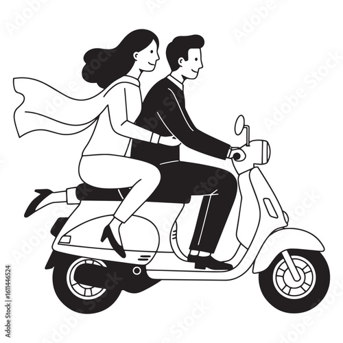 Couple enjoying a romantic ride together on a vintage scooter in simple black and white style