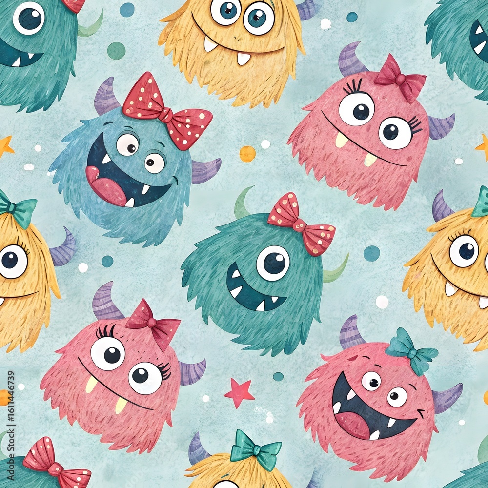 Obraz premium Adorable fuzzy monsters with bows, playful expressions, and pastel hues create a charming, whimsical pattern perfect for childrens textiles or delightful decor.