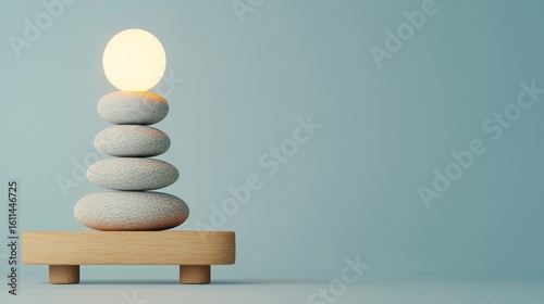 A serene stack of four smooth stones topped with a glowing orb, balanced on a wooden platform against a soft blue background.