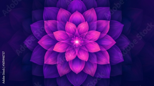 A vibrant digital illustration of a symmetrical purple and pink lotus flower with layered petals against a dark background.