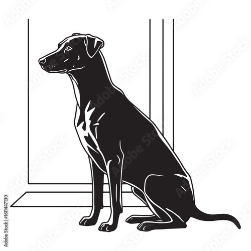 Elegant black dog illustration sitting calmly against minimalist window frame