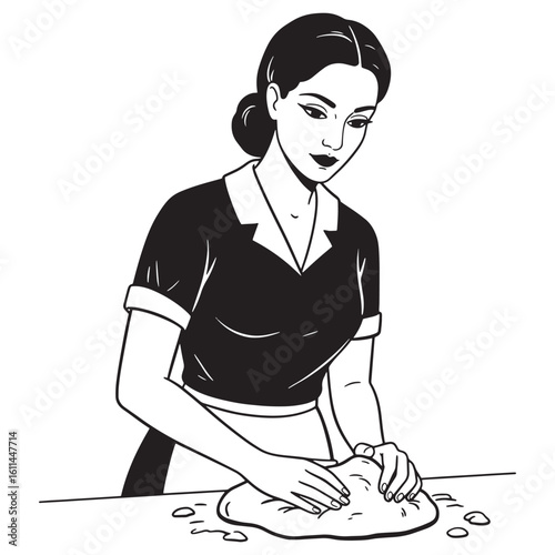 Elegant woman in uniform kneading dough in retro vintage black and white illustration