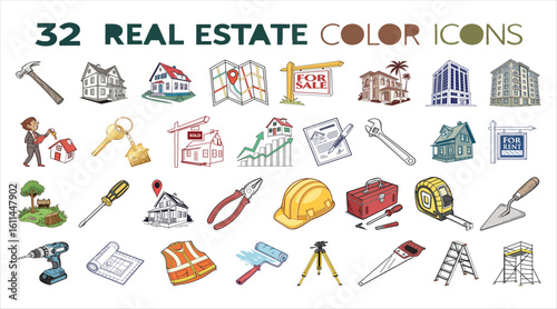 32 Colorful Real Estate Icons - Depicting Home Ownership and Property Development Tools and Resources With Various Hand Drawn Renderings.