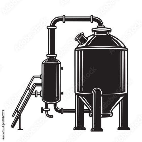 Vector illustration of a brewing tank system in black and white for beer production