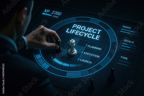 Project lifecycle planning execution launch concept with chess pieces on futuristic digital interface, business strategy and management visualization with tasks, goals, and time tracking