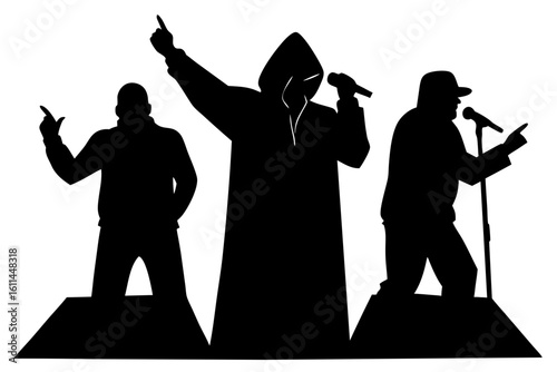 Rappers performing concert stage silhouette vector illustration