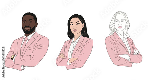 Diverse team of confident business professionals in pink suits with arms crossed.