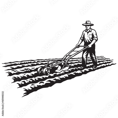 Farmer plowing field with hand plow vintage illustration depicting agriculture and farming
