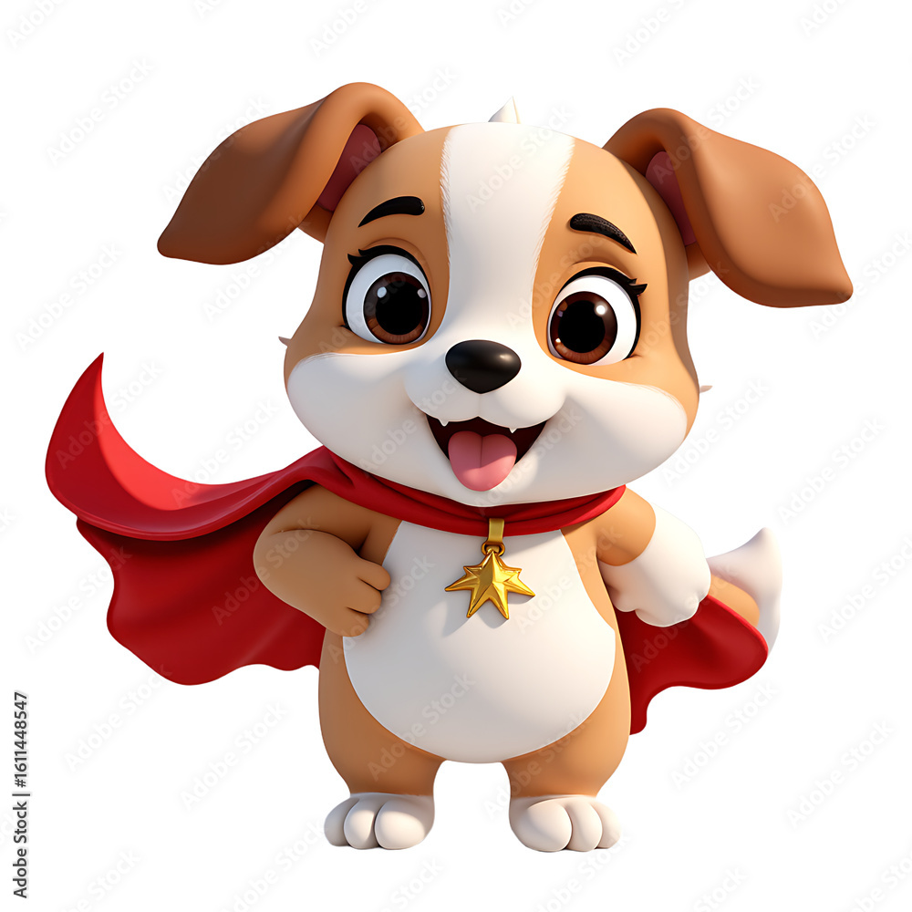 Naklejka premium Adorable cartoon puppy dog wearing a red superhero cape and a golden star medal