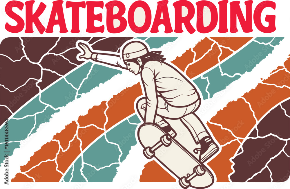 Fototapeta premium Retro Skateboarder Illustration with Abstract Background for T shirt Design and More