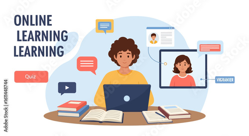 Flat vector illustration of a young student with a laptop participating in an online learning session from a desk with books.