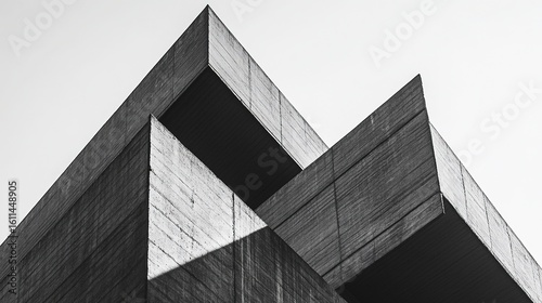 Monochrome brutalism abstract architecture, geometric shadows and sharp angles, minimalist composition concrete structure, modern building design simplicity and primitive aesthetics.
