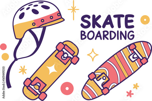 Skateboarding illustration with helmet skateboards and stars on a white background