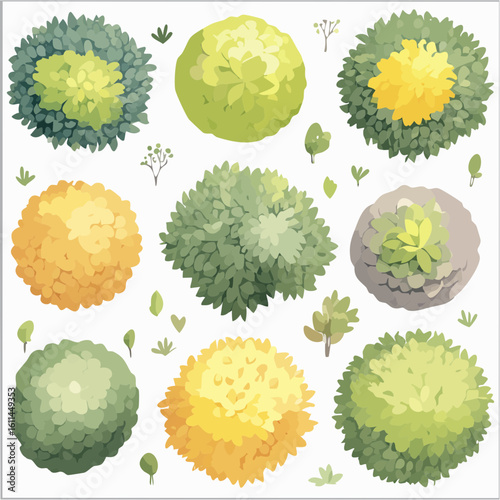 Watercolor tree top view icon set, vector hand drawn green yellow bush, architecture map design kit.