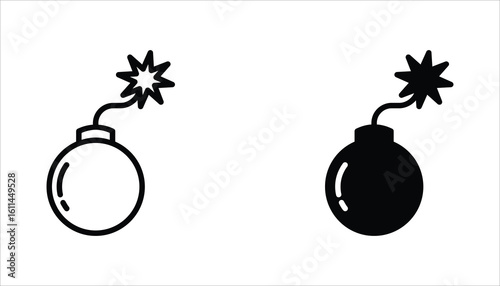 Bomb icon set. Bomb line and glyph icon for web design. Exploding bomb weapon vector icon design. Isolated on white background.