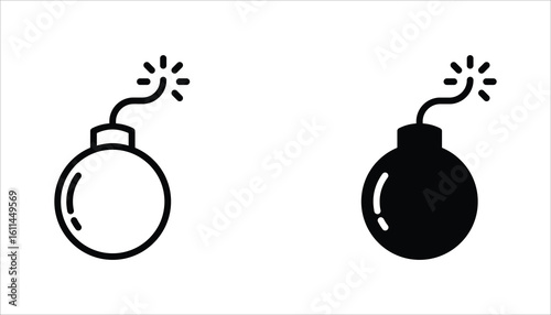 Bomb icon set. Bomb line and glyph icon for web design. Exploding bomb weapon vector icon design. Isolated on white background.