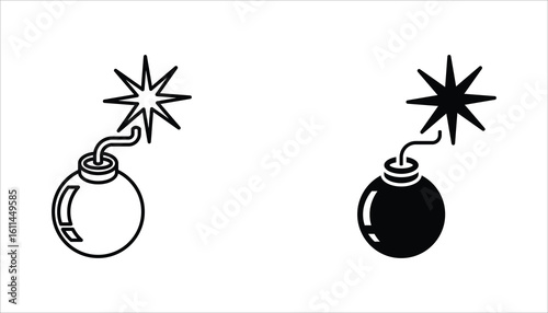 Bomb icon set. Bomb line and glyph icon for web design. Exploding bomb weapon vector icon design. Isolated on white background.
