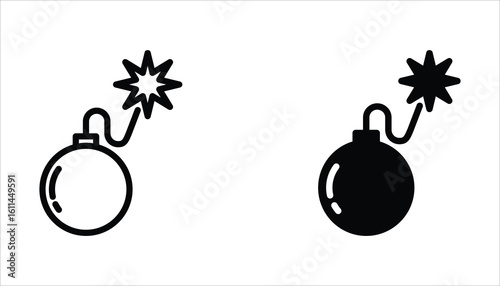 Bomb icon set. Bomb line and glyph icon for web design. Exploding bomb weapon vector icon design. Isolated on white background.