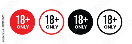 Clear 18+ only age restriction symbols in red and black for content warning and access control