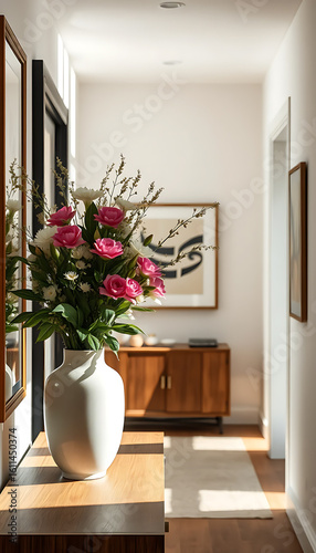 Hallway interior with a vase of roses and daisies on a wooden console.
