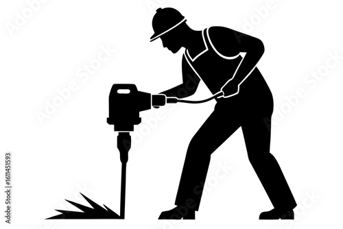 Construction worker operating jackhammer silhouette vector illustration
