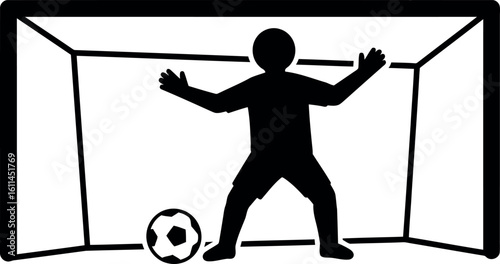 Goalkeeper silhouette with soccer ball and goal