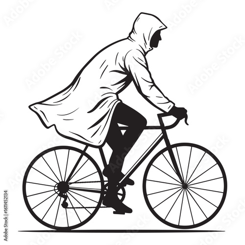 Silhouette of a person cycling in the rain wearing a raincoat on a bicycle